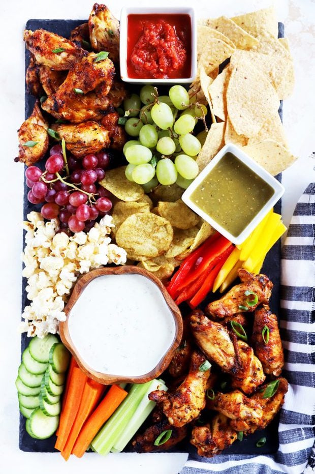 Overhead photo of ultimate tailgating snack board 