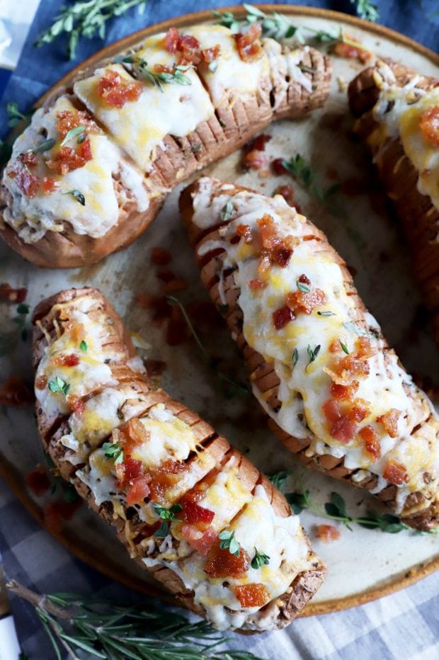 Overhead photo of hasselback potatoes