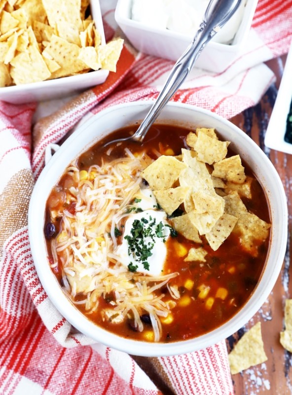 overhead image turkey soup in a bowl