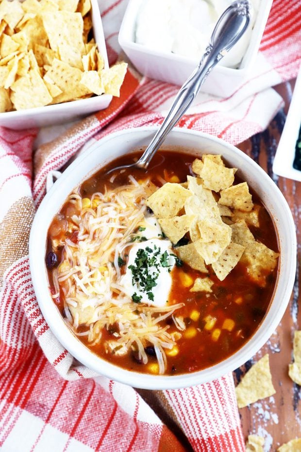 overhead image turkey soup in a bowl