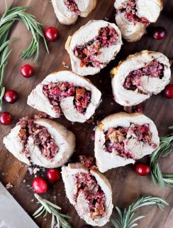 Overhead photo of sliced stuffed pork tenderloin