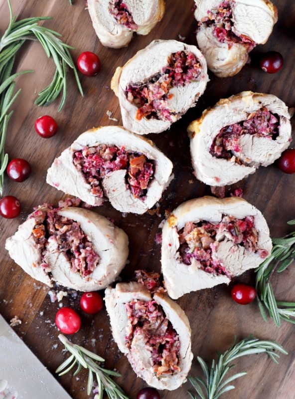 Overhead photo of sliced stuffed pork tenderloin