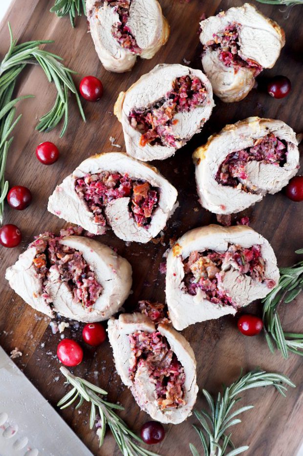 Overhead photo of sliced stuffed pork tenderloin