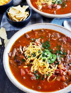 Bowl full of chili with steak image