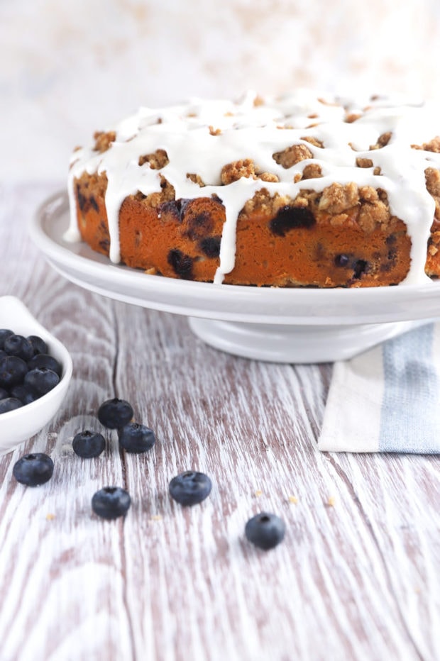 Side photo of cake on a cake stand