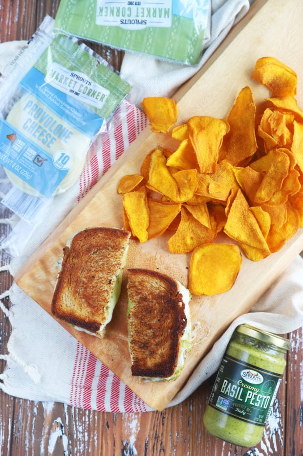 Overhead image of grilled cheese and chips