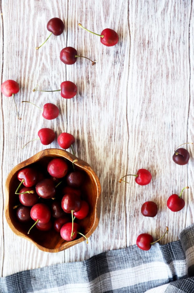 Overhead photo of cherries in a bowl