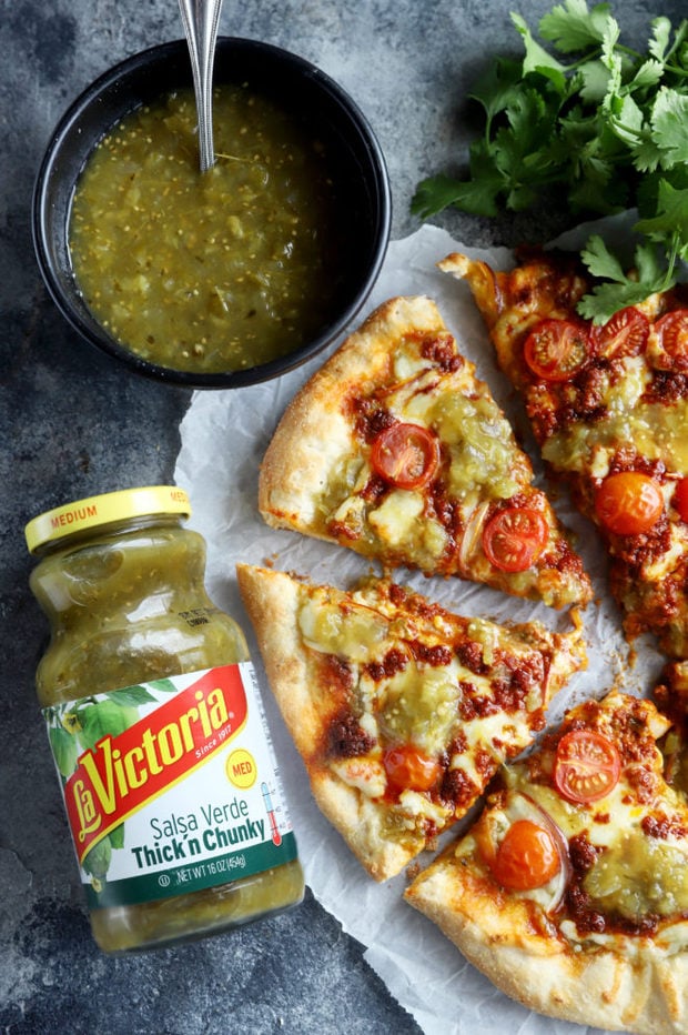 Overhead photo of salsa verde chorizo pizza