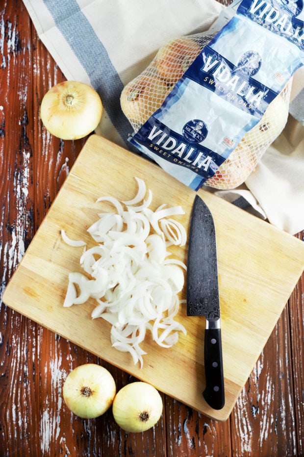 Overhead photo of sliced onions