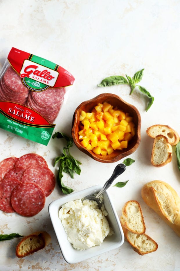 Ingredients for salame peach ricotta crostini image