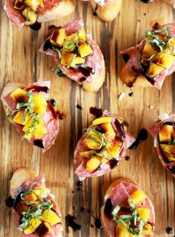 Overhead photo of peach crostini