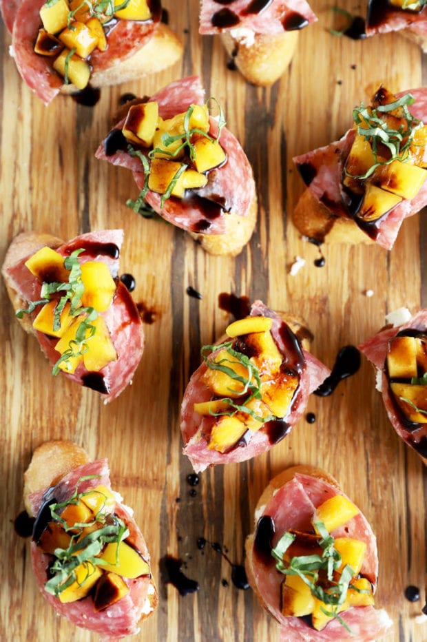 Overhead photo of peach crostini