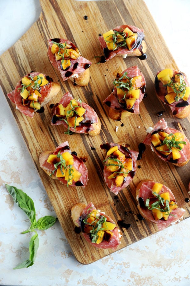 Overhead photo of crostini on a platter