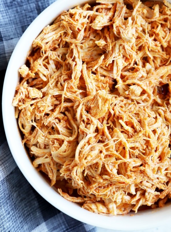 Overhead image of shredded buffalo chicken