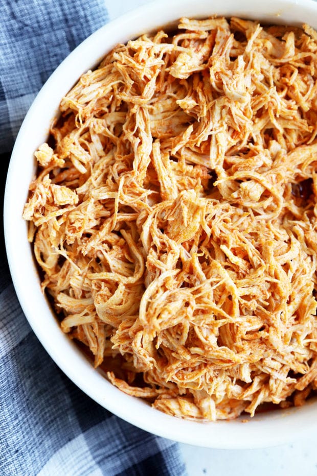 Overhead image of shredded buffalo chicken