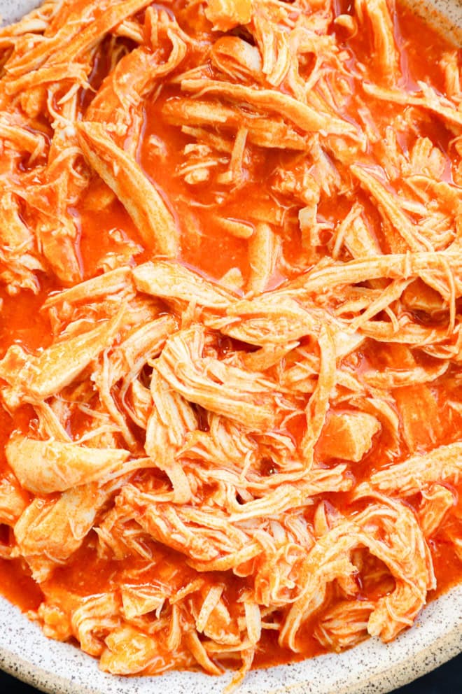 Creamy and spicy instant pot buffalo chicken in a bowl