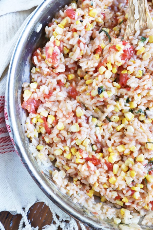 Overhead photo of risotto in skillet