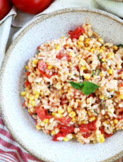 Overhead photo of summer tomato corn risotto