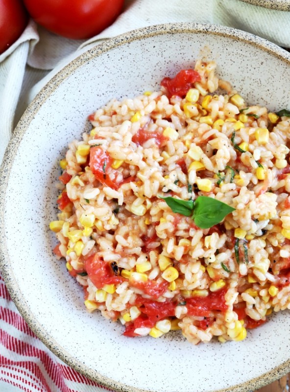 Overhead photo of summer tomato corn risotto