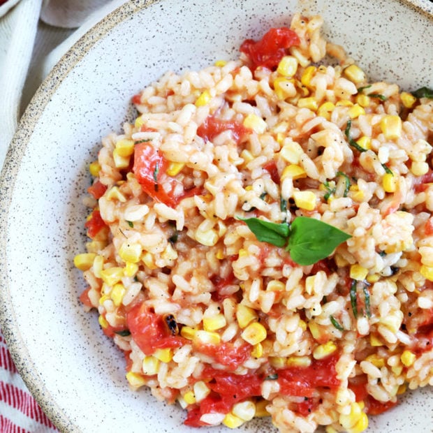 Overhead photo of summer tomato corn risotto
