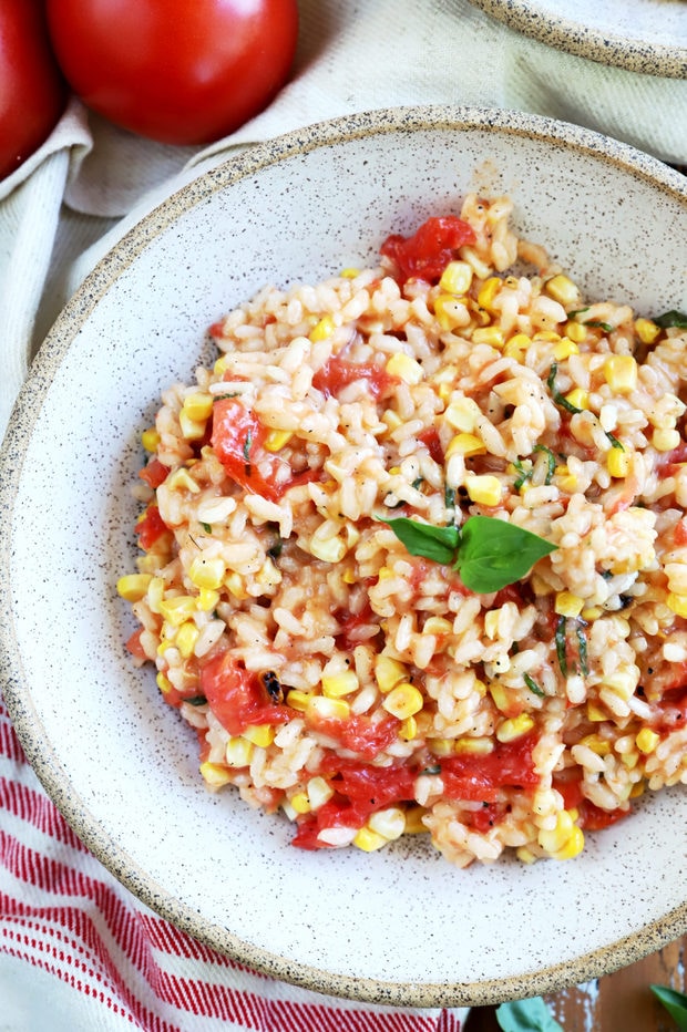 Overhead photo of summer tomato corn risotto