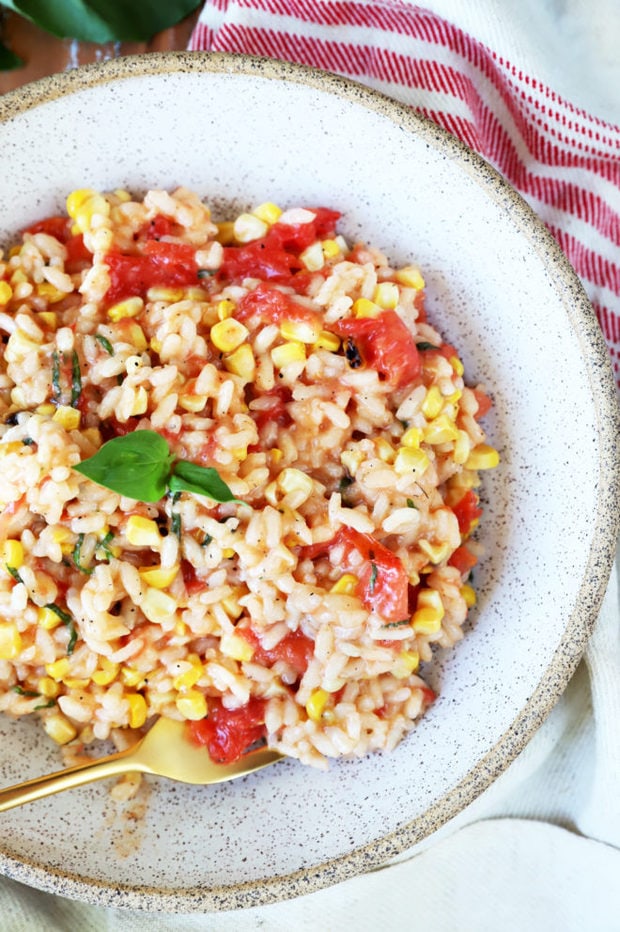 Image of summer risotto overhead in bowl