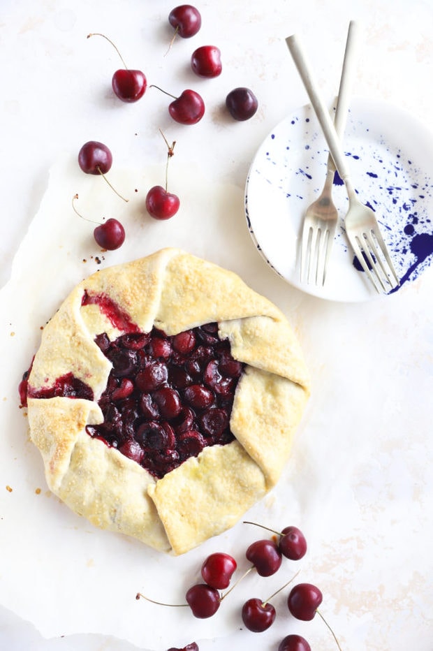 Overhead photo of galette and cherries