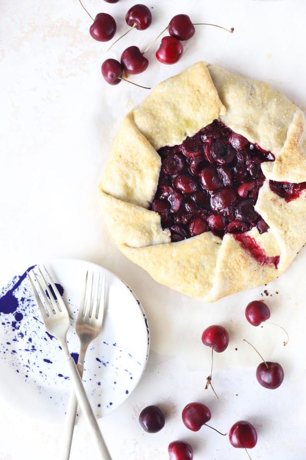 Overhead image of galette and cherries