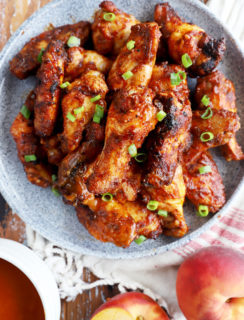 Overhead image of bbq wings on a platter