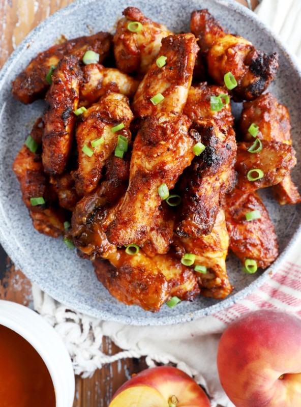 Overhead image of bbq wings on a platter