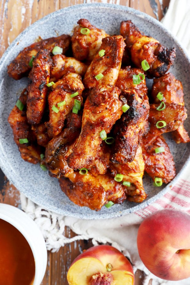 Overhead image of bbq wings on a platter