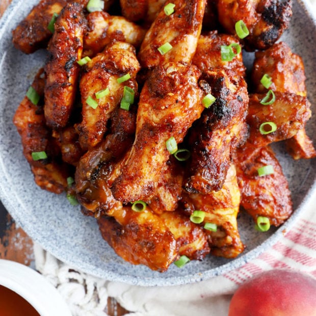 Overhead image of bbq wings on a platter