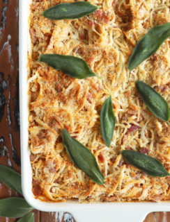 Overhead photo of baked fettuccine with butternut squash