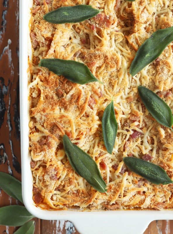 Overhead photo of baked fettuccine with butternut squash