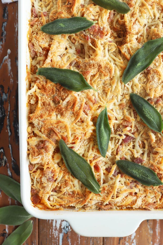 Overhead photo of baked fettuccine with butternut squash