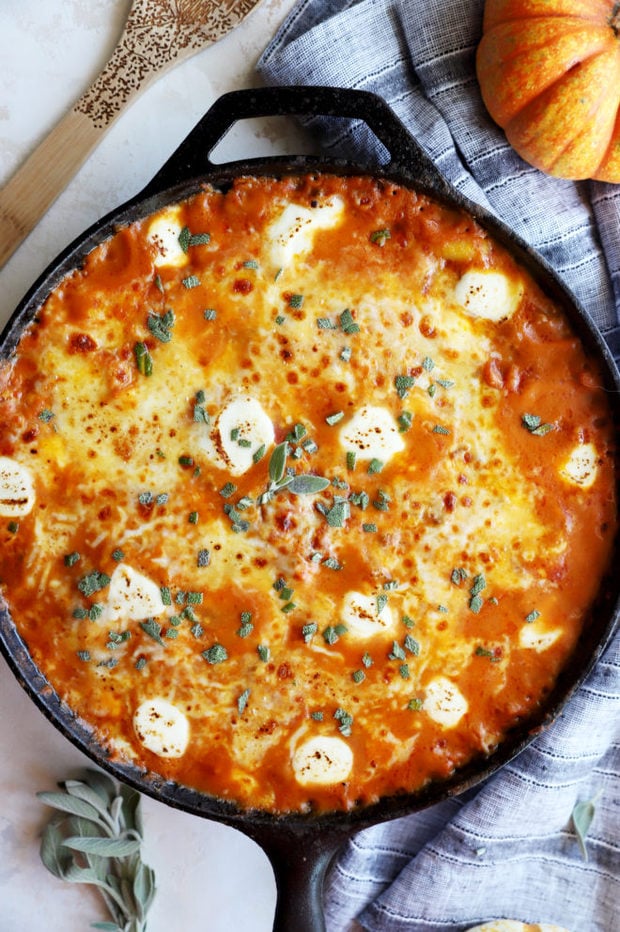 Overhead photo of pasta skillet