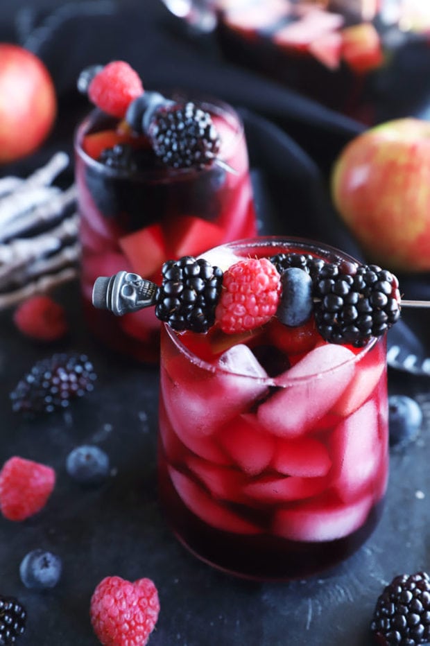 Side photo of berry sangria in a glass