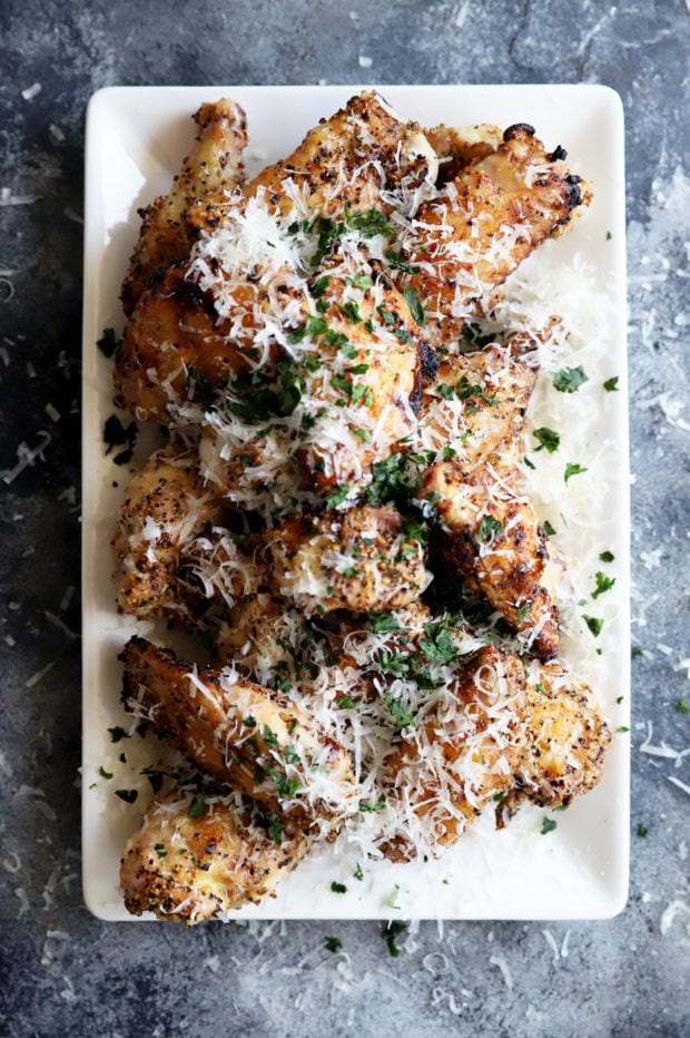 Overhead photo of grilled wings with parmesan