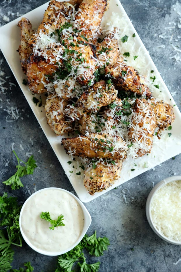 Overhead photo of platter of chicken wings