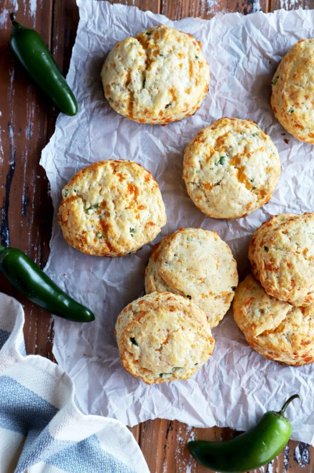 Overhead image of jalapeño cheddar biscuits