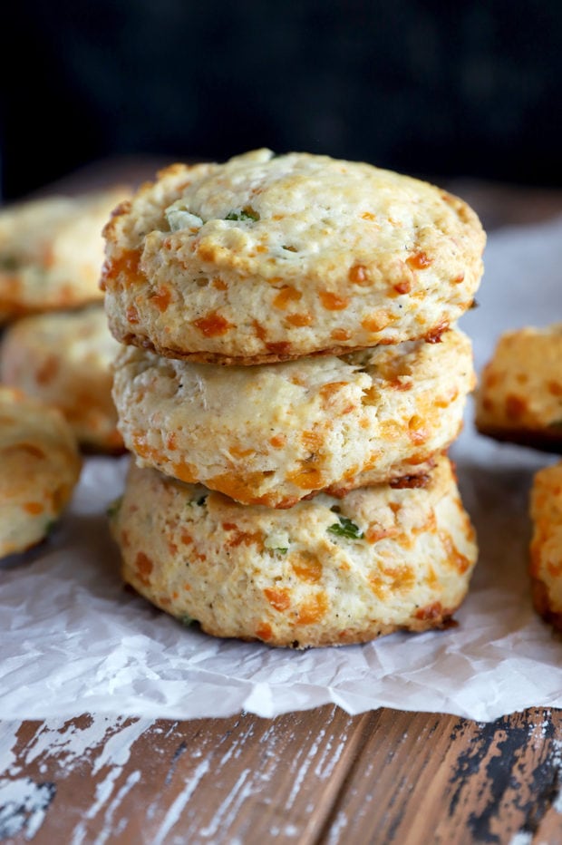 Side photo of a stack of jalapeno cheddar biscuits