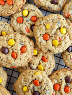 Overhead photo of peanut butter oatmeal chocolate chip cookies