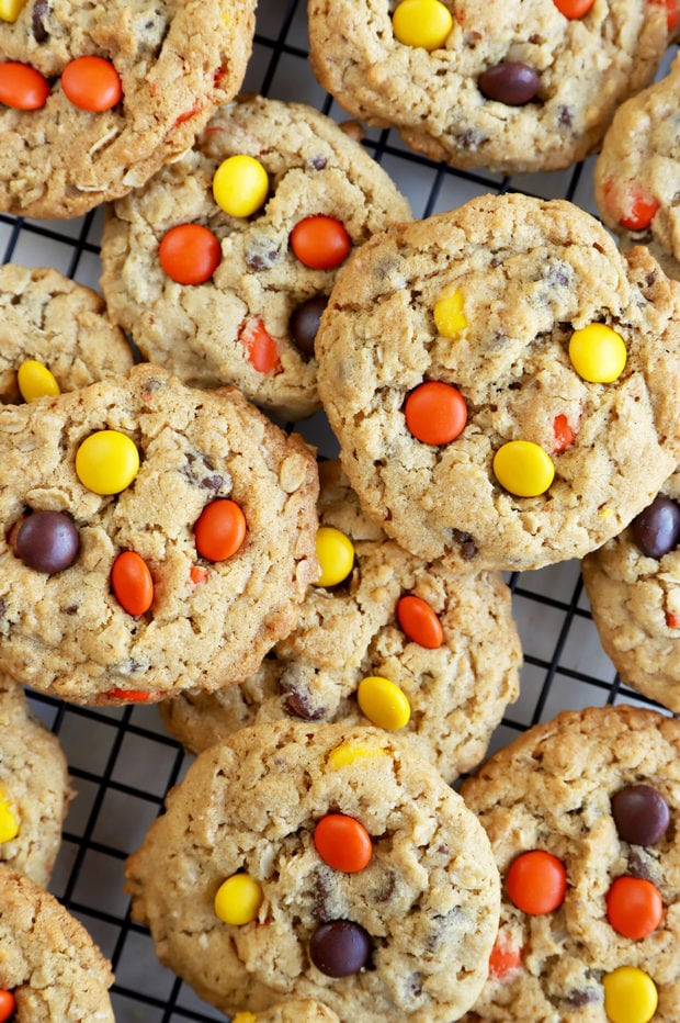 Overhead photo of peanut butter oatmeal chocolate chip cookies