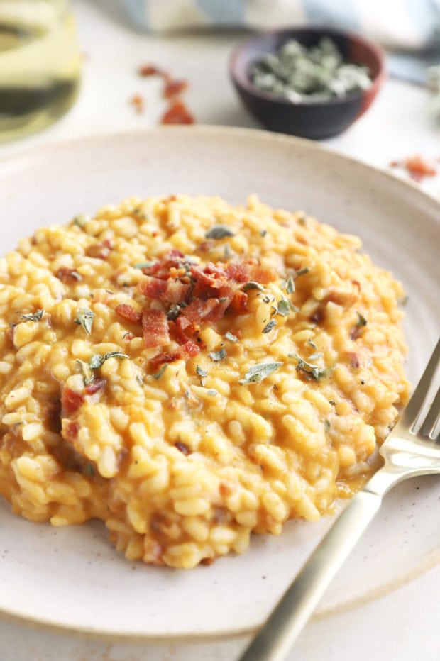 Bacon squash risotto on a plate image