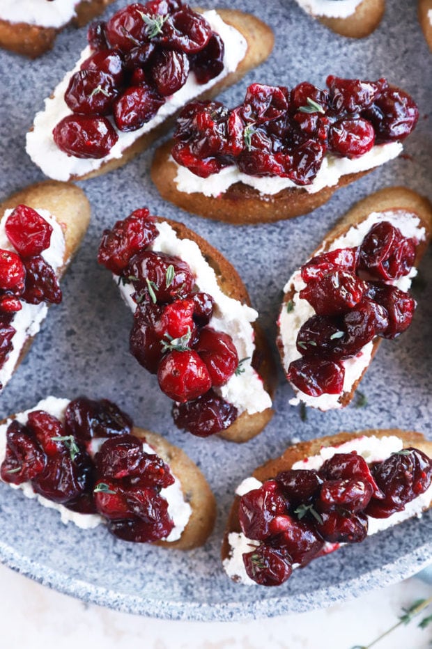 Overhead image of cranberry crostini