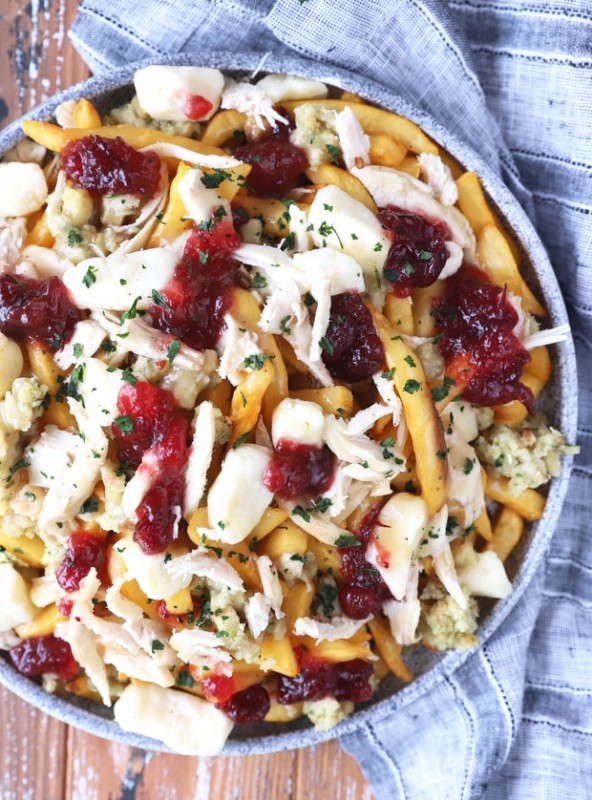 Overhead image of Thanksgiving leftover poutine