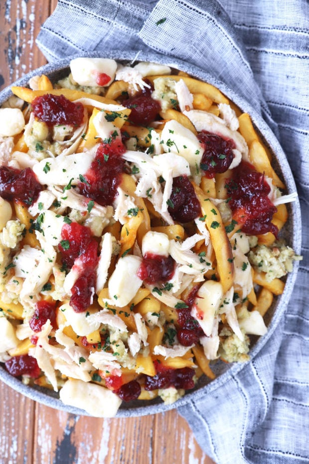 Overhead image of Thanksgiving leftover poutine