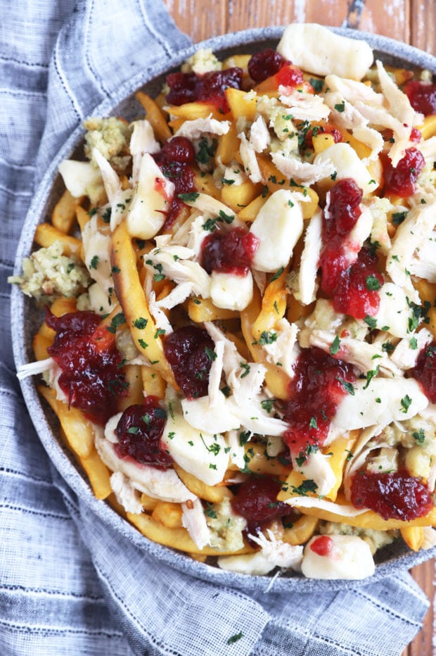 Overhead image of fries, turkey, and gravy