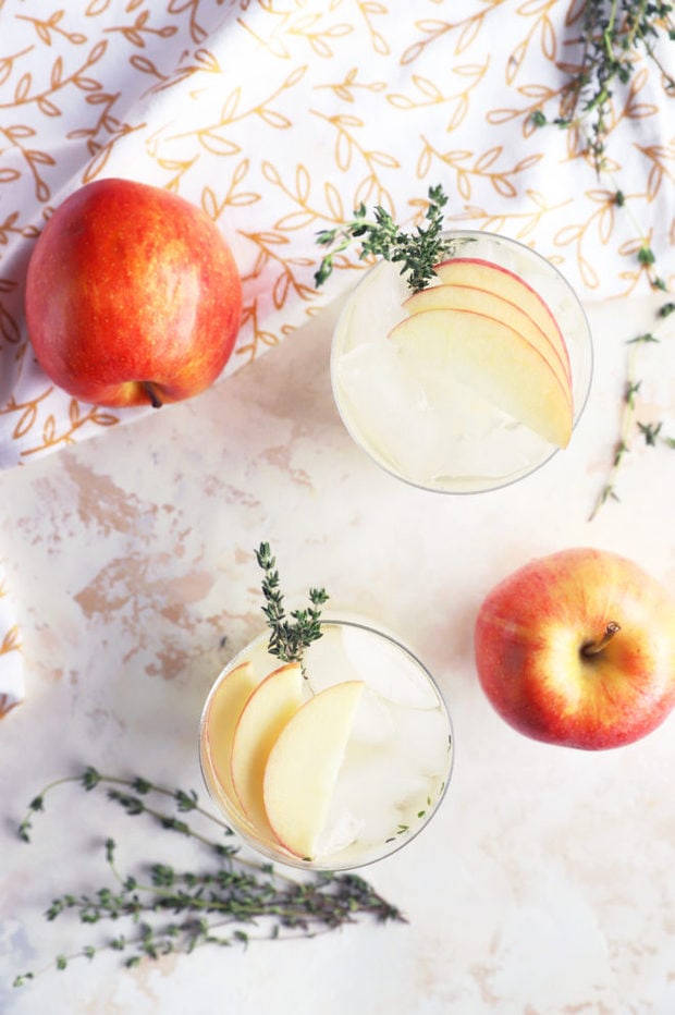 Overhead image of apple thyme gin and tonics