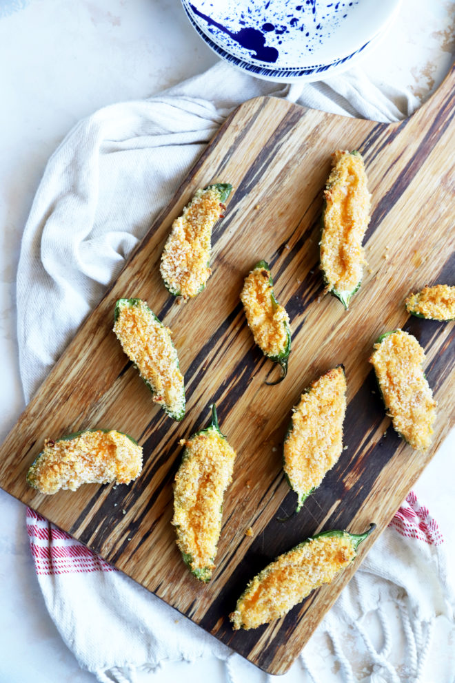 Overhead image of jalapeno poppers with crispy topping